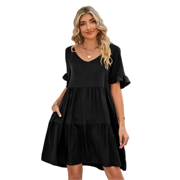 Women's Mandy V Neck Flounce Sleeve Tiered Dress Knee Length Elegant Chic Choice for Any Daytime Occasion 100% rayon