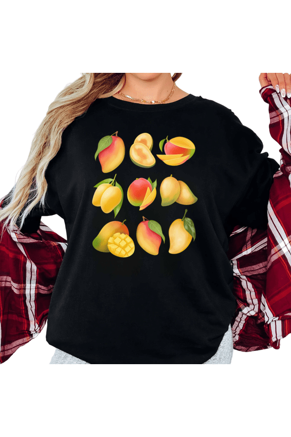 Women's Mango Variety Collage Graphic Tropical Fruit Lover Casual T Shirt Comfortable Short Sleeve Round Neck Top Black S-5XL
