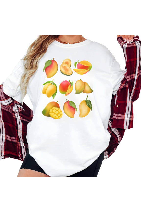 Women's Mango Variety Collage Graphic Tropical Fruit Lover Casual T Shirt Comfortable Short Sleeve Round Neck Top White S-5XL