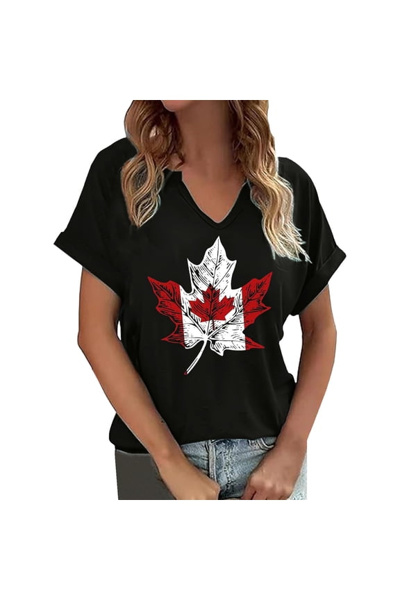Women's Maple Leaf Print T-Shirt V-Neck Short Sleeve Casual Summer Trendy Tee