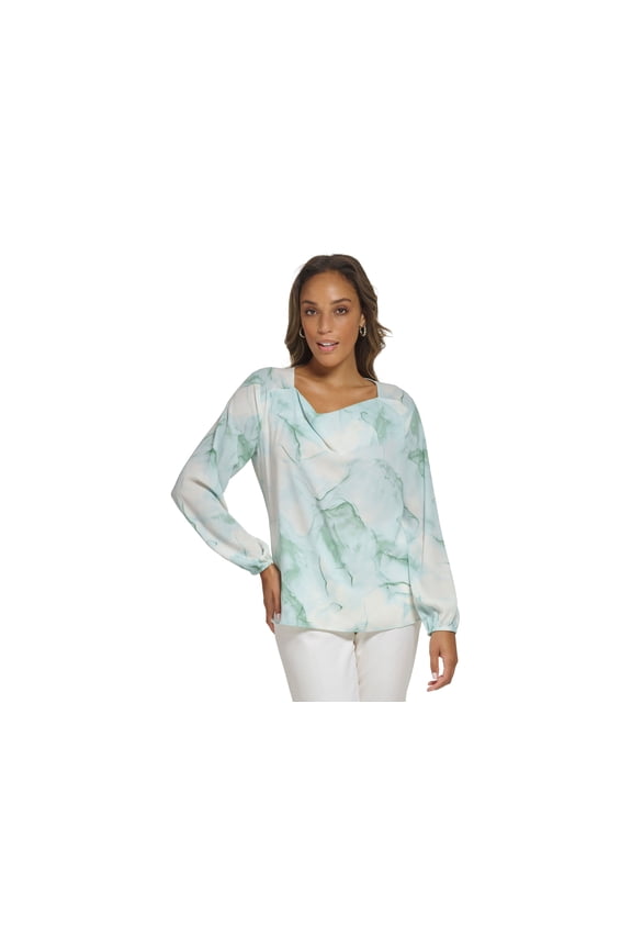 Women's Marble-Print Cowl Neck Top Jadeite Multi L