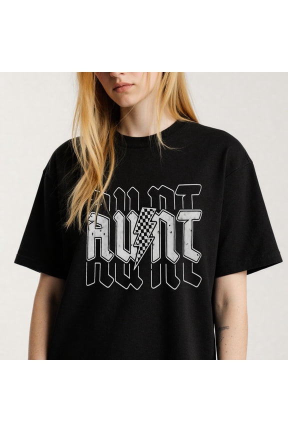 Women's Marble Textured Aunt T-Shirt with Checkered Lightning S-4XL Mother's Day Gift