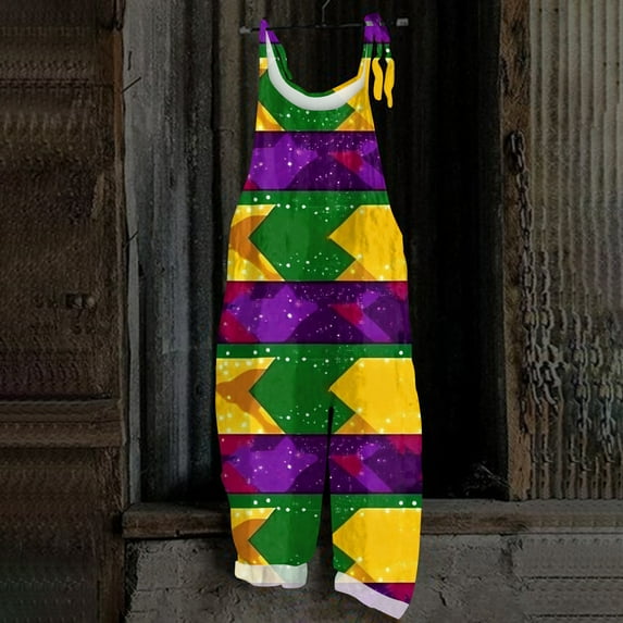 Women's Mardi Gras Jumpsuit Loose Fit Funny Mask Pattern Baggy Wide Leg Jumpsuits Long Parada Mardi Rompers with Pockets