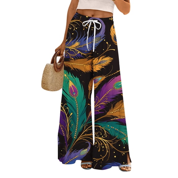 Women's Mardi Gras Pants Graphic Mask Print Holiday Party Lounge Pants Drawstring Wide Leg Pants for Women with Pockets