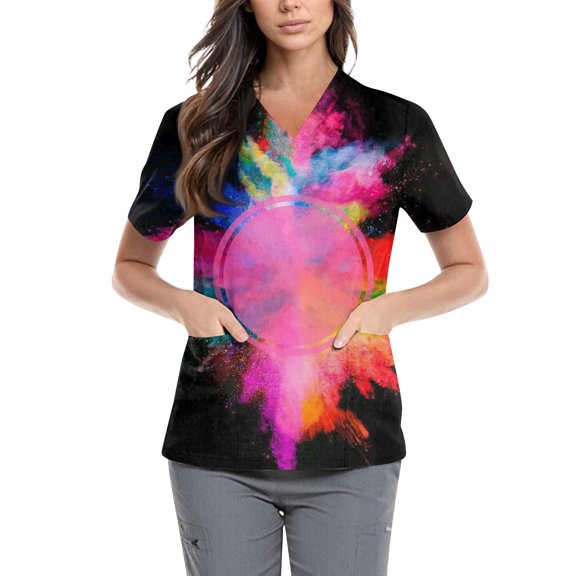 Women's Mardi Gras Scrub Top Carnival Mask Printed Plus Size Scrubs Short Sleeve V-Neck Working Uniform Mardi Gras Caregiver T Shirts