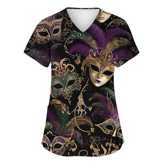Women’s Mardi Gras Scrub Top Short Sleeve V Neck Printed Nurse Uniforms with Carnival Mask and Hat Pattern Loose Fit Black M