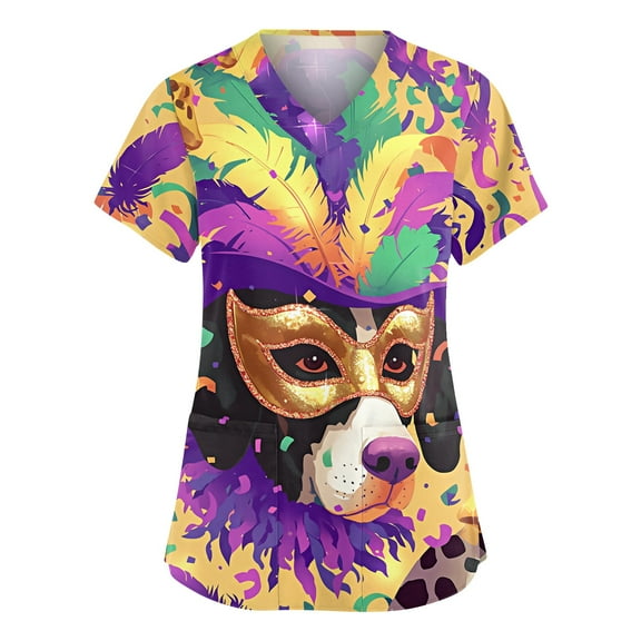 Women's Mardi Gras Scrub Top V Neck Carnival Feather Mask Printed Scrub Tops Mardi Gras Scrub Tops Working Uniforms with Pockets