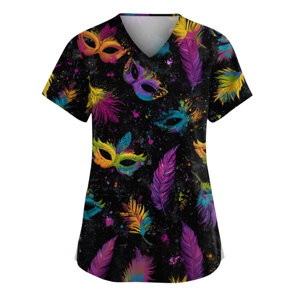 Women's Mardi Gras Scrubs Top Carnival Mask Printed Plus Size Scrubs Short Sleeve V-Neck Working Uniform Mardi Gras Comfy Scrub Tops with Pockets
