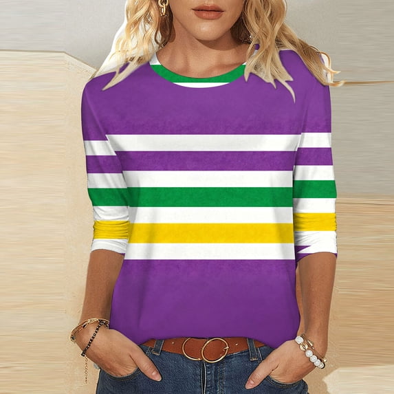 Women's Mardi Gras Shirts Carnival Casual Print 3/4 Sleeve Crew Neck Pullover T-Shirt Multicolor M