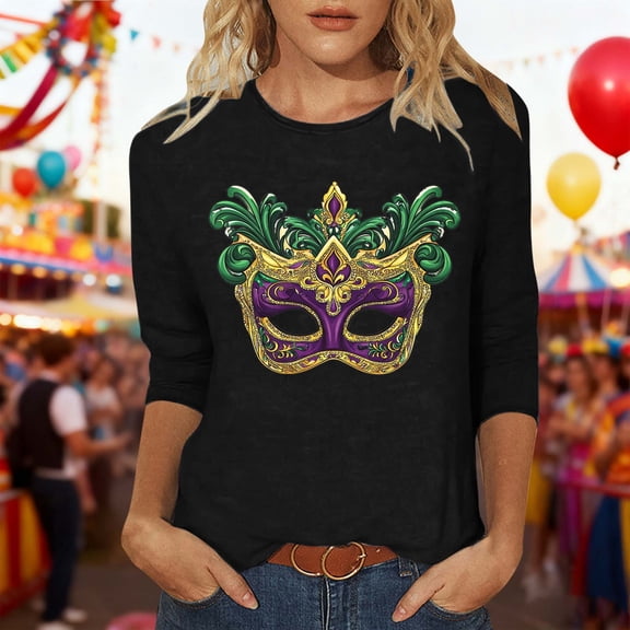 Women's Mardi Gras Shirts Carnival Print Three-Quarter Sleeve Loose Casual Round Neck Pullover Top Black M