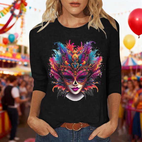 Women's Mardi Gras Shirts Carnival Print Three-Quarter Sleeve Loose Casual Round Neck Pullover Top Black M
