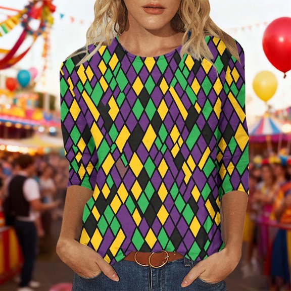 Women's Mardi Gras Shirts Carnival Print Three-Quarter Sleeve Loose Casual Round Neck Pullover Top Green M