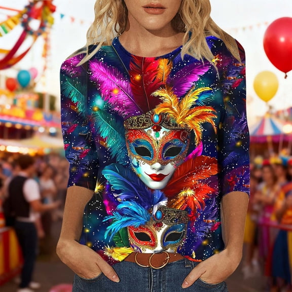 Women's Mardi Gras Shirts Carnival Print Three-Quarter Sleeve Loose Casual Round Neck Pullover Top Multicolor M