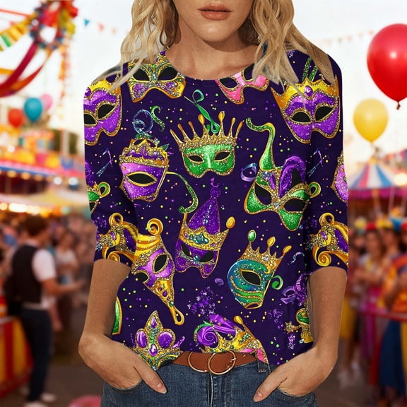 Women's Mardi Gras Shirts Carnival Print Three-Quarter Sleeve Loose Casual Round Neck Pullover Top Purple M
