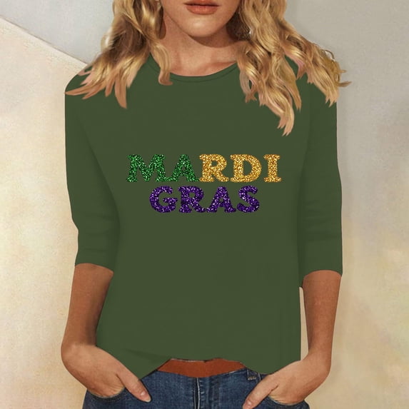 Women's Mardi Gras Shirts Carnival Printed 3/4 Sleeve Casual Round Neck Loose T-shirt Green M
