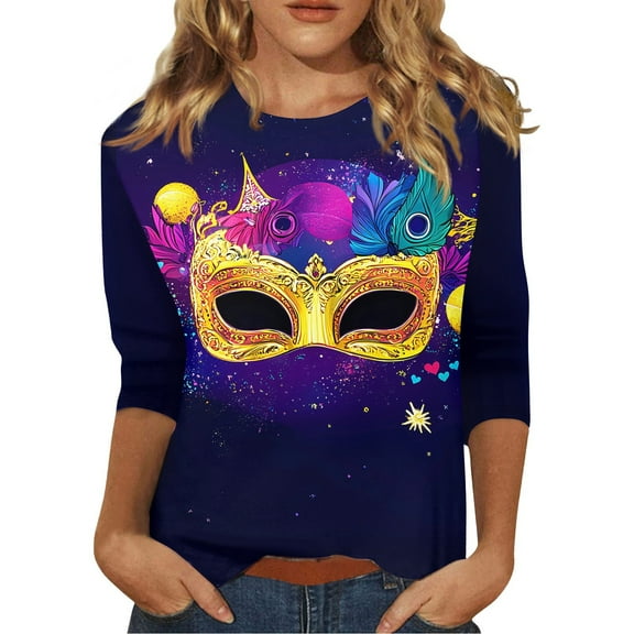 Women's Mardi Gras Shirts,Womens 3/4 Sleeve Blouses Carnival Mask Graphic Print Tunic Tops Casual Loose Fit Pullover