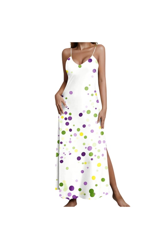 Women's Mardi Gras Summer Casual Printed V-Neck Split Halter Camisole Long Dress , Beach Skirt, Suspender Dress