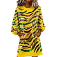thumbnail image 1 of Women's Mardi Gras Sweatshirt Dress Round Neck Long Sleeves Metallic Stripes Print Pockets Oversized Mini Party Dress, 1 of 3