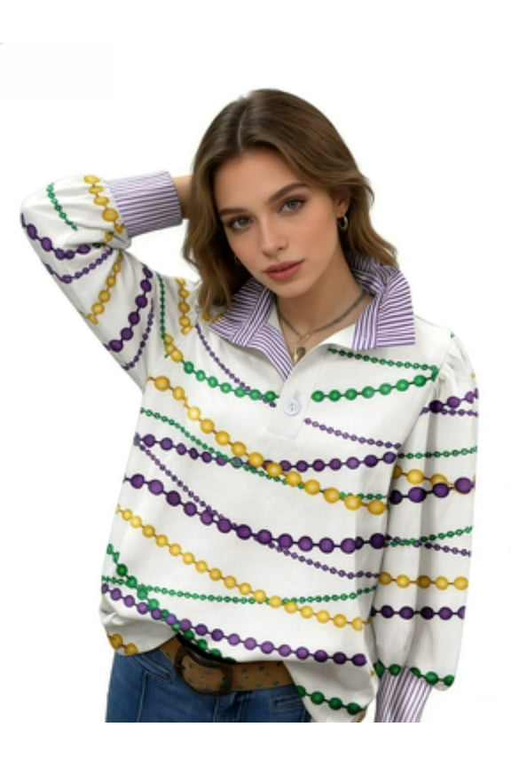 MardiGras Bead Print Striped Collar Long Sleeve, Polo Shirt (Women's)