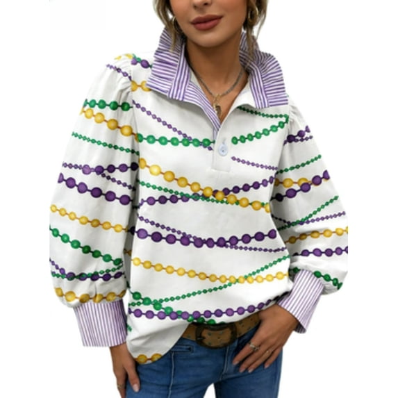 Women's MardiGras Bead Print Striped Collar Long Sleeve Polo Shirt Casual Top