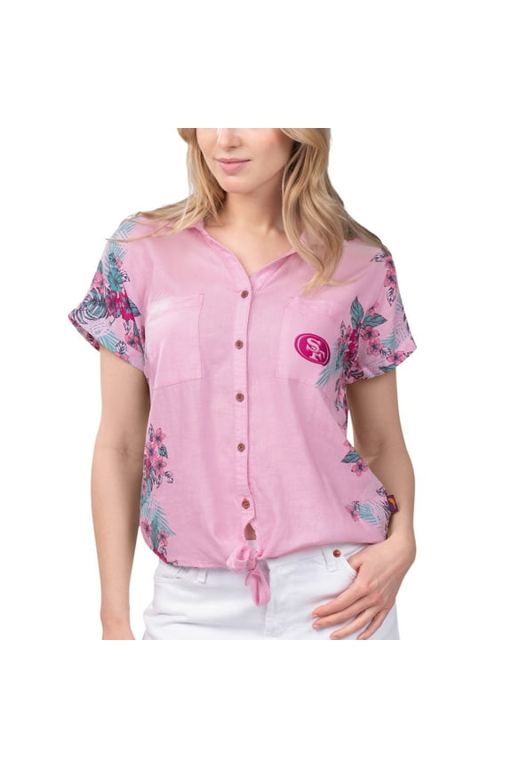 Women's Margaritaville Pink San Francisco 49ers Stadium Tie-Front Button-Up Shirt