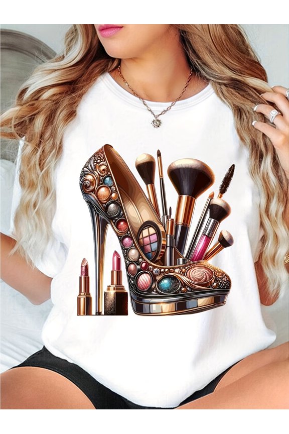 Women's Maroon Graphic T-Shirt - High Heels & Makeup Design, Casual Short Sleeve Round Neck Top for Spring & Summer, Vibrant Cosmetic Print, Soft Cotton Blend, Machine Washable