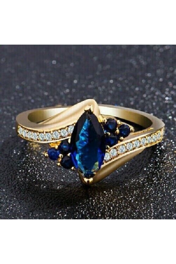 Women's Marquise Cut Blue Sapphire Solitaire With Accent Engagement Ring 14k Yellow Gold Plated -5
