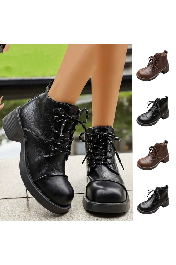 Women's Martin Ankle Boots Round Toe Lace up Medium Block Heel Winter Combat Short Boots Solid Color Fashion Casual Shoes Brown 8.5(42)