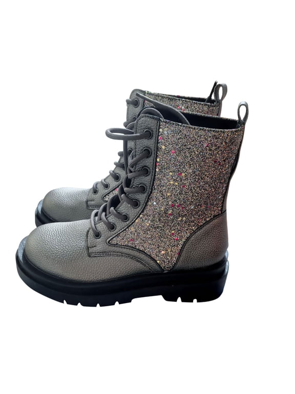 Women's Martin Boots Sequin Glitter Round Toe Lace-Up Chunky Heel Platform British Style Combat Boots