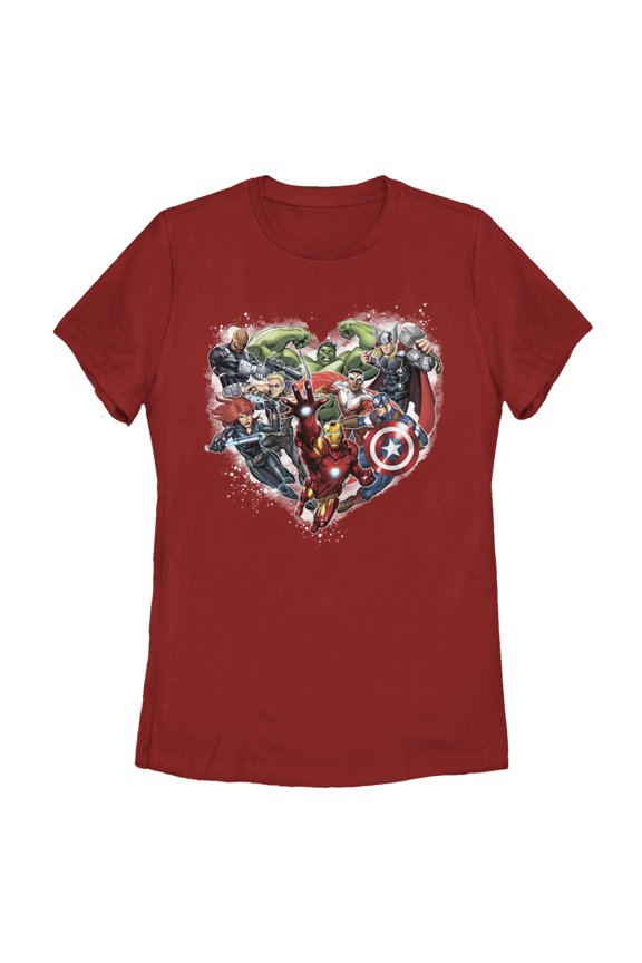 Women's Marvel Avengers Assemble Heart Collage Graphic Tee Red 2X Large