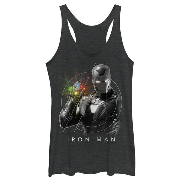 Women's Marvel Avengers Endgame Glowing Stones Logo Overlay Portrait Racerback Tank Top Black Heather Medium