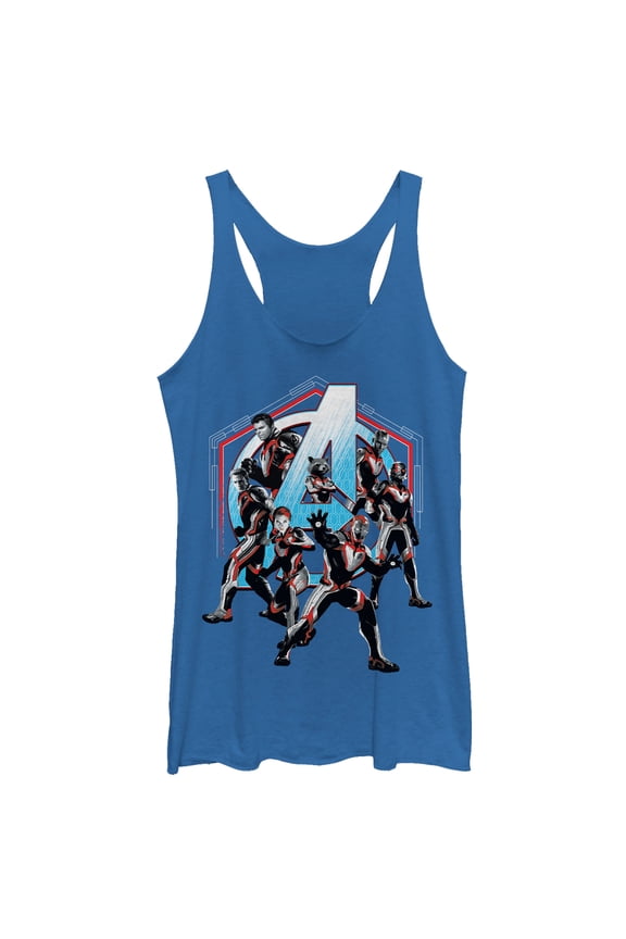 Women's Marvel Avengers: Endgame Hero Hexagon Frame  Racerback Tank Top Royal Blue Heather 2X Large