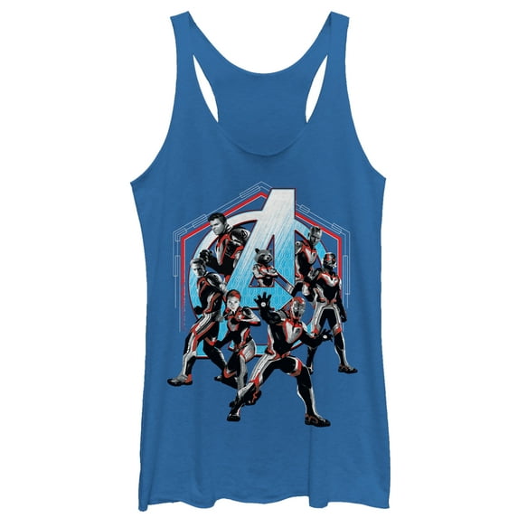Women's Marvel Avengers: Endgame Hero Hexagon Frame Racerback Tank Top Royal Blue Heather 2X Large