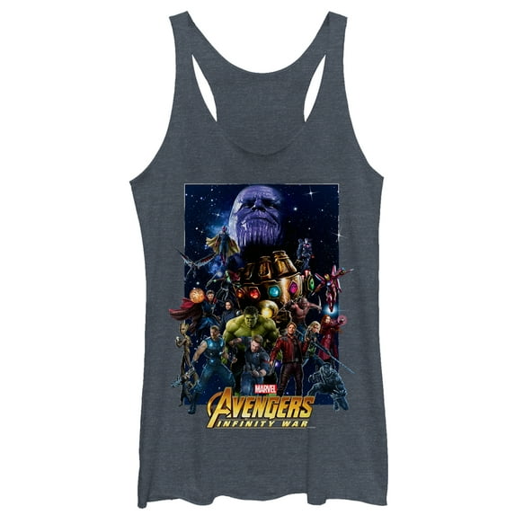 Women's Marvel Avengers: Infinity War Character Collage Racerback Tank Top Navy Blue Heather X Large