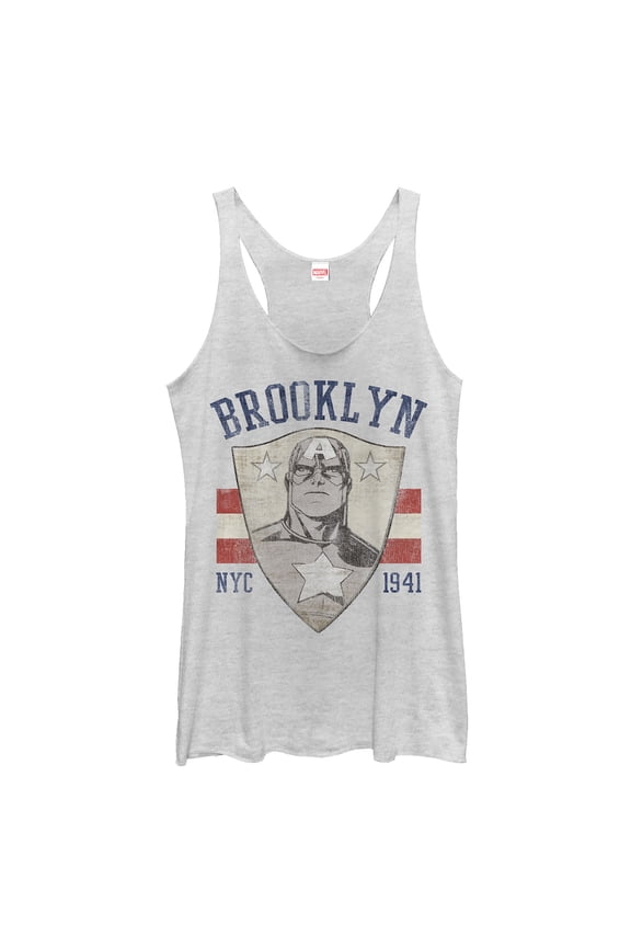 Women's Marvel Captain America Brooklyn NYC Shield Racerback Tank Top White Heather Small