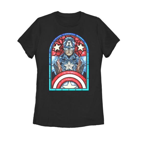 Women's Marvel Captain America Stained Glass  Graphic Tee Black 2X Large