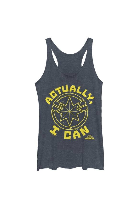Women's Marvel Captain Marvel Actually Can Quote Racerback Tank Top Navy Blue Heather Small