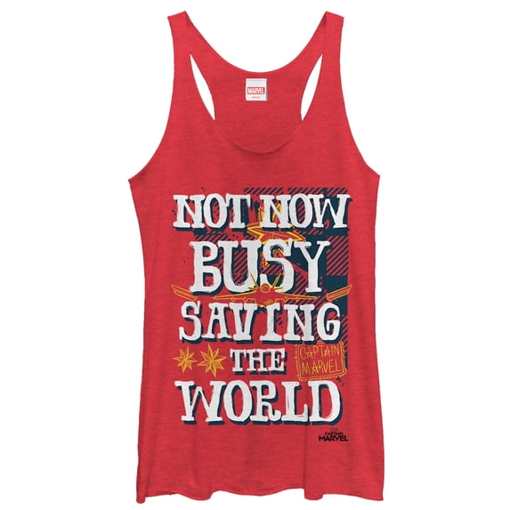 Women's Marvel Captain Marvel Busy Saving World Racerback Tank Top Red Heather 2X Large