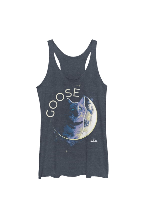Women's Marvel Captain Marvel Moon Goose Cat Racerback Tank Top Navy Blue Heather Small