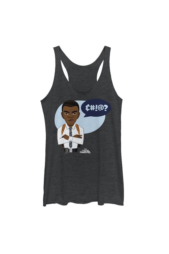 Women's Marvel Captain Marvel Nick Fury Speech Bubble Racerback Tank Top Black Heather Medium