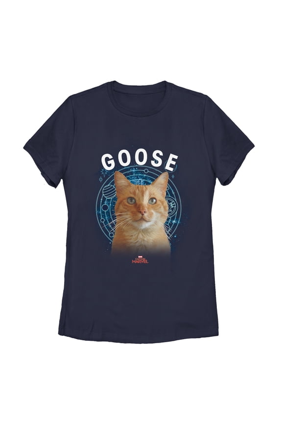 Women's Marvel Captain Marvel Planet Goose Cat Graphic Tee Navy Blue Small
