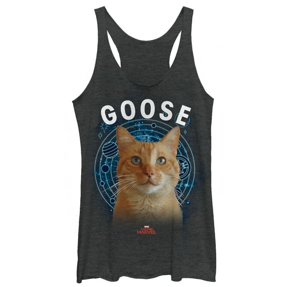 Women's Marvel Captain Marvel Planet Goose Cat  Racerback Tank Top Black Heather Small