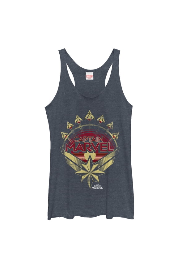 Women's Marvel Captain Marvel Retro Fighter Jet Plane Racerback Tank Top Navy Blue Heather X Small