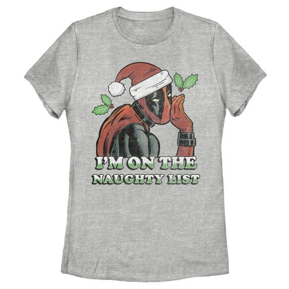 Women's Marvel Christmas Deadpool Naughty List Graphic Tee Athletic Heather Large
