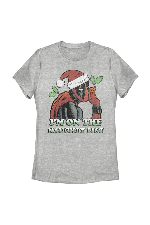 Women's Marvel Christmas Deadpool Naughty List Graphic Tee Athletic Heather Medium