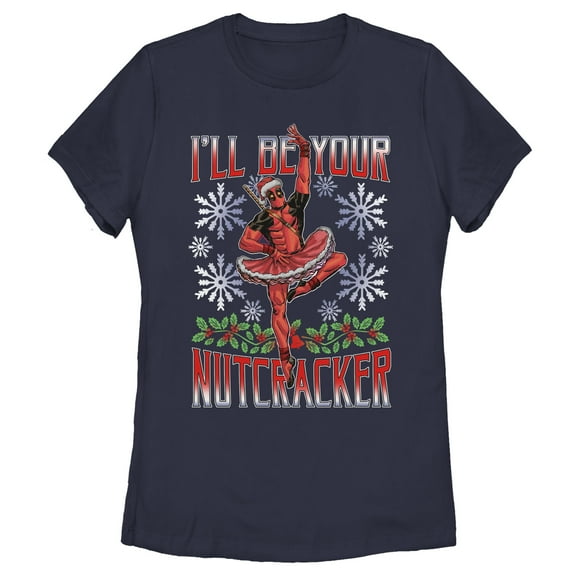 Women's Marvel Christmas Deadpool Nutcracker  Graphic Tee Navy Blue Small