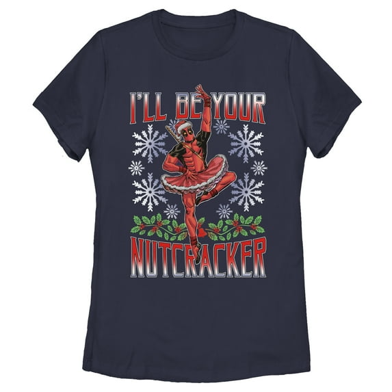 Women's Marvel Christmas Deadpool Nutcracker Graphic Tee Navy Blue Small