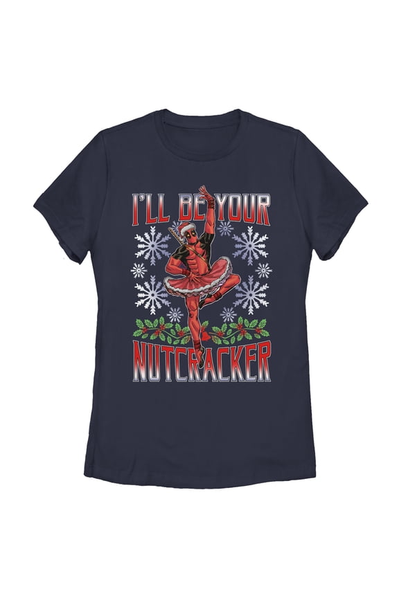 Women's Marvel Christmas Deadpool Nutcracker Graphic Tee Navy Blue Small