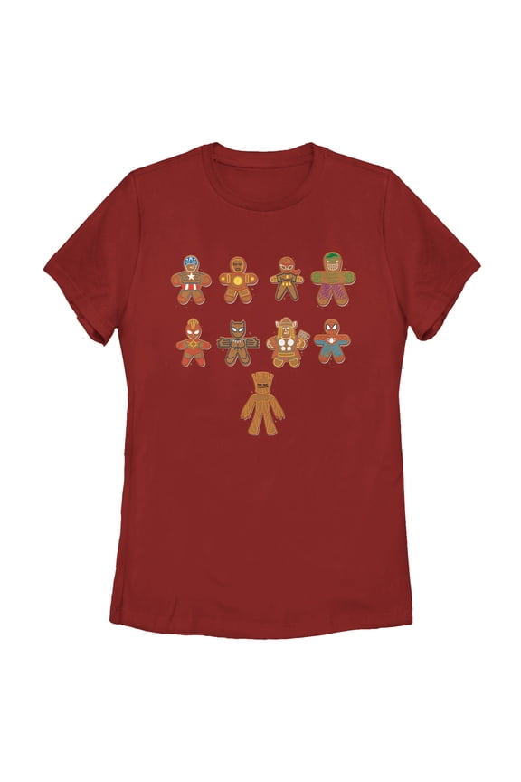 Women's Marvel Christmas Gingerbread Cookie Avengers Graphic Tee Red Medium