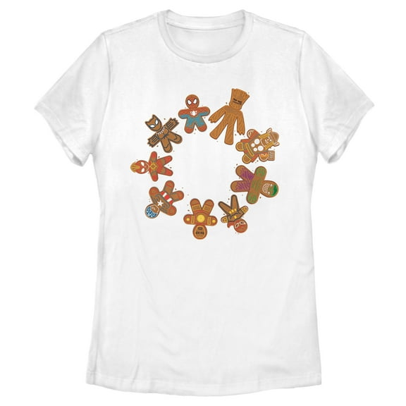 Women's Marvel Christmas Gingerbread Cookie Circle  Graphic Tee White X Large